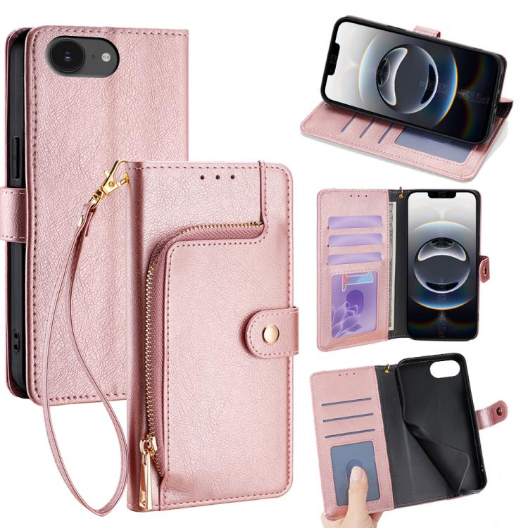 

For iPhone 16e Zipper Bag Leather Phone Case(Rose Gold)