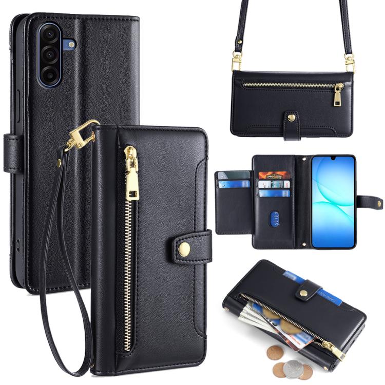 

For Samsung Galaxy A17 5G Sheep Texture Cross-body Zipper Wallet Leather Phone Case(Black)