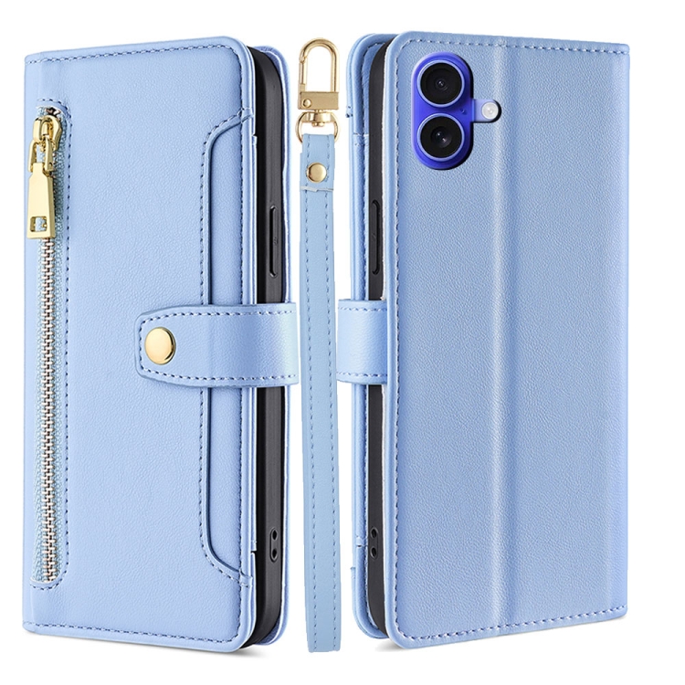 

For iPhone 16 Sheep Texture Cross-body Zipper Wallet Leather Phone Case(Blue)
