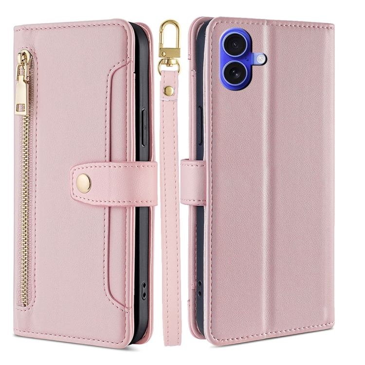 

For iPhone 16 Plus Sheep Texture Cross-body Zipper Wallet Leather Phone Case(Pink)