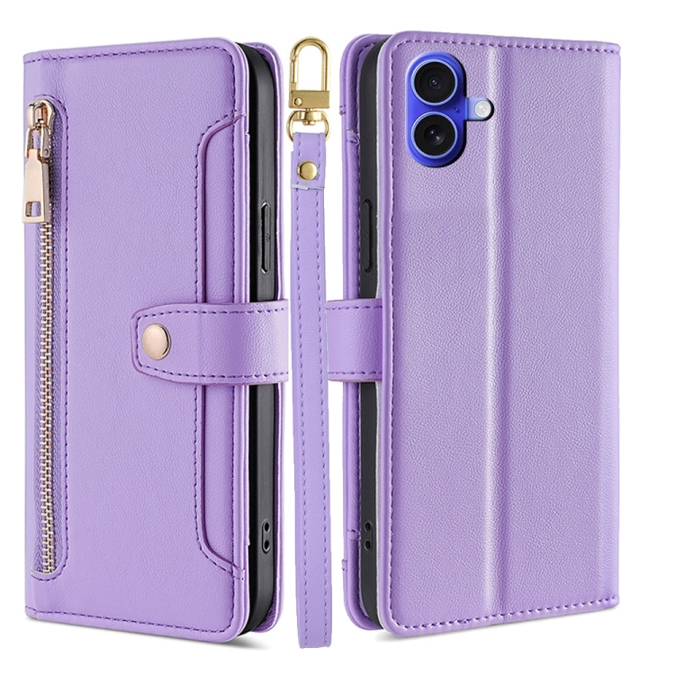 

For iPhone 16 Plus Sheep Texture Cross-body Zipper Wallet Leather Phone Case(Purple)