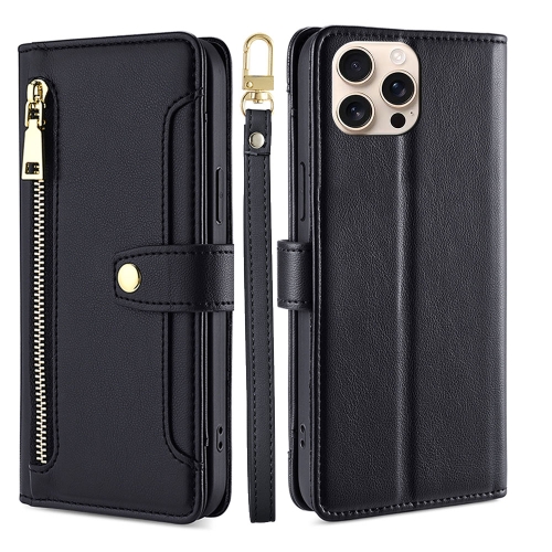 

For iPhone 16 Pro Sheep Texture Cross-body Zipper Wallet Leather Phone Case(Black)