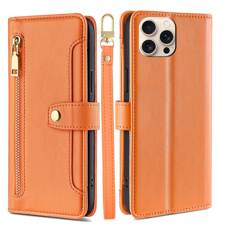 

For iPhone 16 Pro Sheep Texture Cross-body Zipper Wallet Leather Phone Case(Orange)