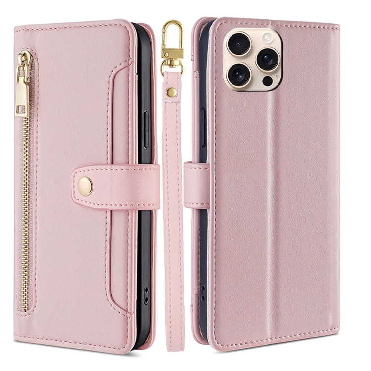 

For iPhone 16 Pro Sheep Texture Cross-body Zipper Wallet Leather Phone Case(Pink)