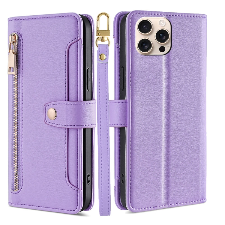 

For iPhone 16 Pro Sheep Texture Cross-body Zipper Wallet Leather Phone Case(Purple)