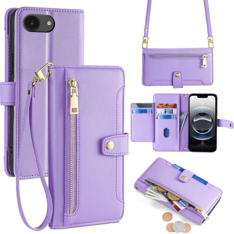 

For iPhone 16e Sheep Texture Cross-body Zipper Wallet Leather Phone Case(Purple)