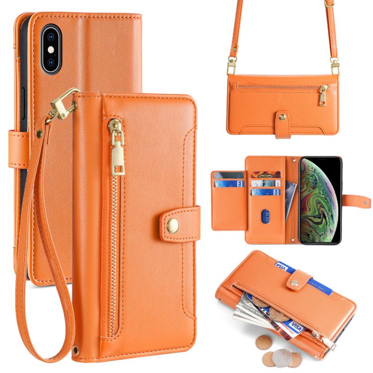

For iPhone XS Max Sheep Texture Cross-body Zipper Wallet Leather Phone Case(Orange)