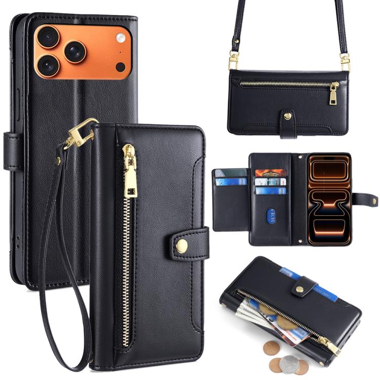 

For iPhone 17 Pro Max Sheep Texture Cross-body Zipper Wallet Leather Phone Case(Black)