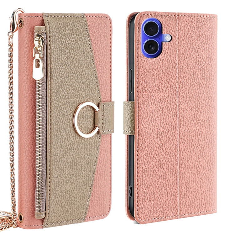 

For iPhone 16 Crossbody Litchi Texture Leather Phone Case(Pink)