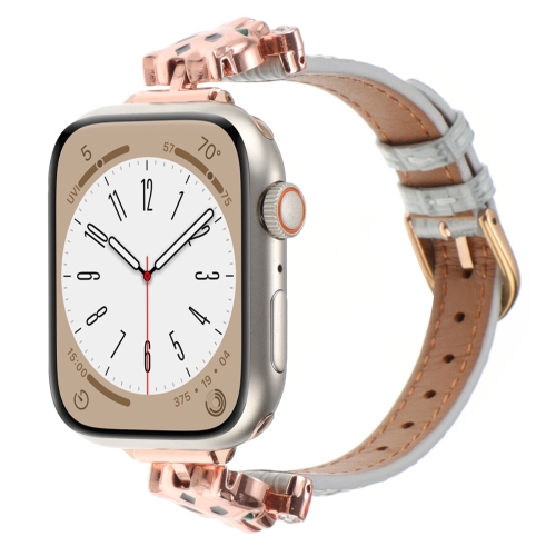 

For Apple Watch 46mm / 49mm / 45mm / 44mm Leopard Head Bamboo Texture Leather Watch Band(Rose Gold Grey)