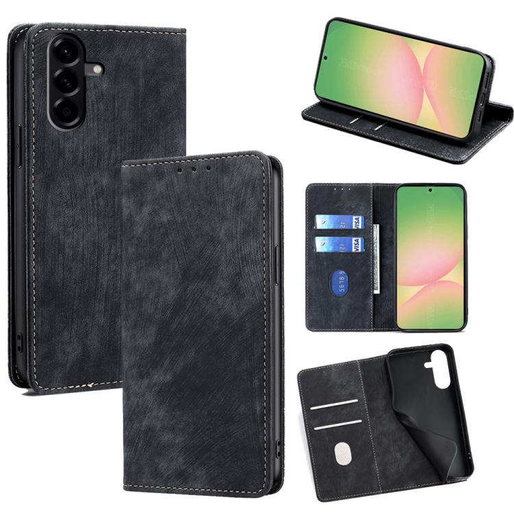 

For Samsung Galaxy A56 5G RFID Anti-theft Brush Magnetic Leather Phone Case(Black)