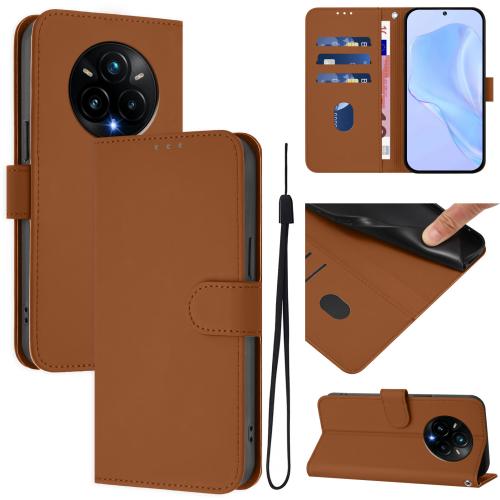 

For Realme 14 Pro+ Skin Feel Solid Color Leather Phone Case with Lanyard(Brown)