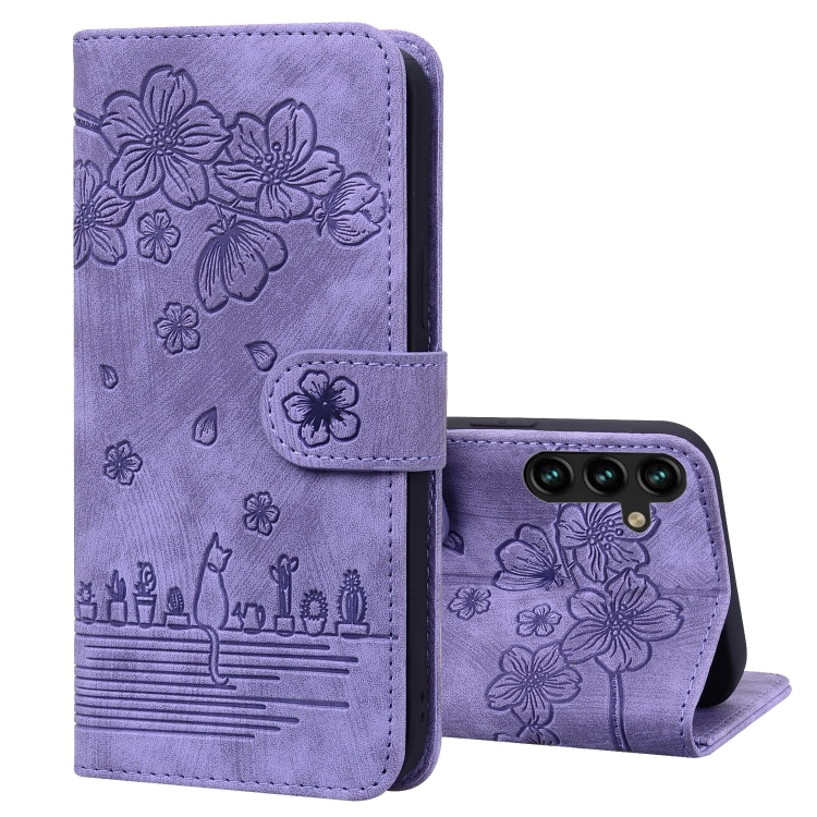 

For Samsung Galaxy S24 FE 5G Cartoon Sakura Cat Embossed Leather Phone Case(Purple)