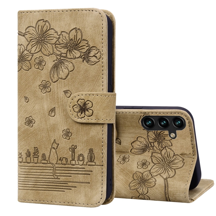 

For Samsung Galaxy S24 5G Cartoon Sakura Cat Embossed Leather Phone Case(Brown)