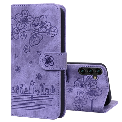 

For Samsung Galaxy S24 5G Cartoon Sakura Cat Embossed Leather Phone Case(Purple)