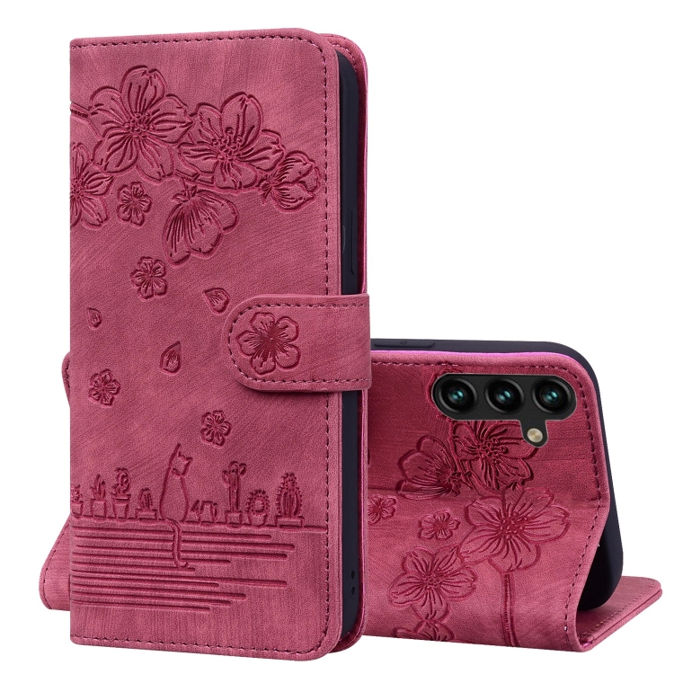 

For Samsung Galaxy S24 5G Cartoon Sakura Cat Embossed Leather Phone Case(Wine Red)