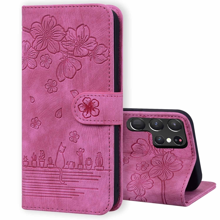

For Samsung Galaxy S23 Ultra 5G Cartoon Sakura Cat Embossed Leather Phone Case(Rose Red)