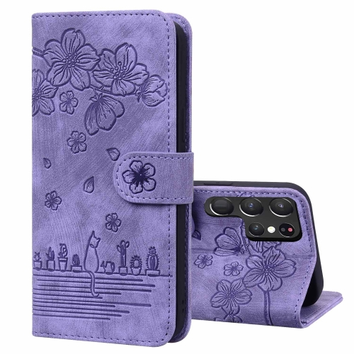 

For Samsung Galaxy S23 Ultra 5G Cartoon Sakura Cat Embossed Leather Phone Case(Purple)