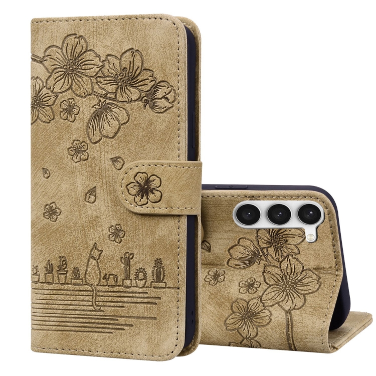 

For Samsung Galaxy S23 5G Cartoon Sakura Cat Embossed Leather Phone Case(Brown)