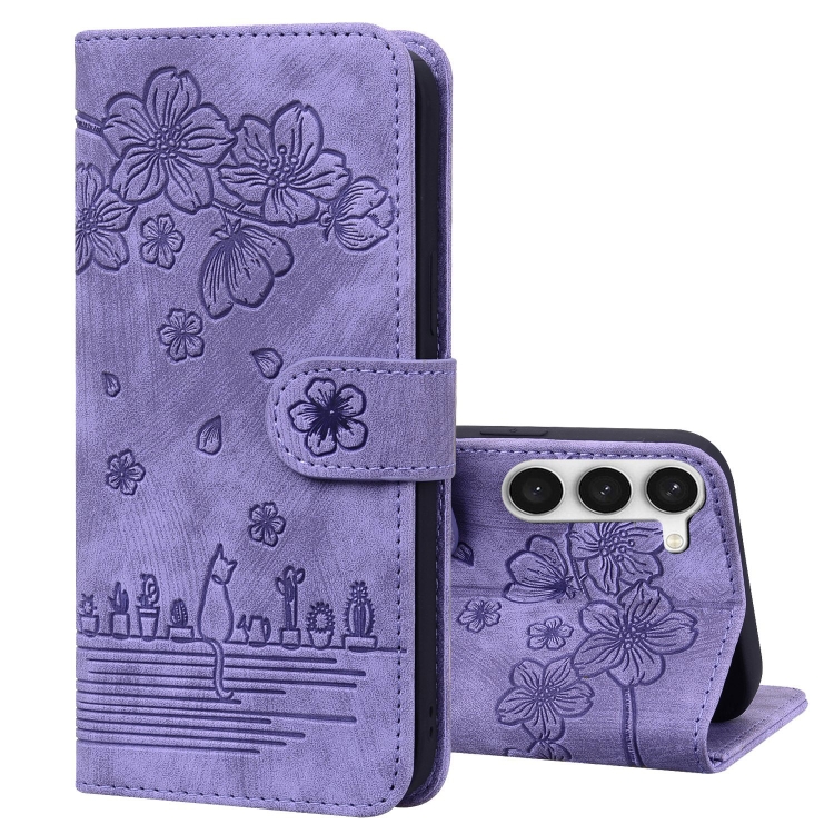 

For Samsung Galaxy S23 5G Cartoon Sakura Cat Embossed Leather Phone Case(Purple)