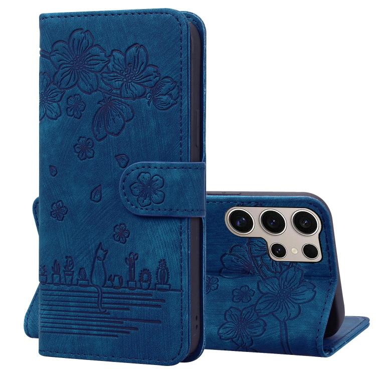 

For Samsung Galaxy S25 Ultra 5G Cartoon Sakura Cat Embossed Leather Phone Case(Royal Blue)