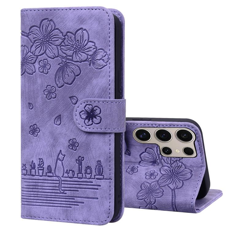 

For Samsung Galaxy S25 Ultra 5G Cartoon Sakura Cat Embossed Leather Phone Case(Purple)
