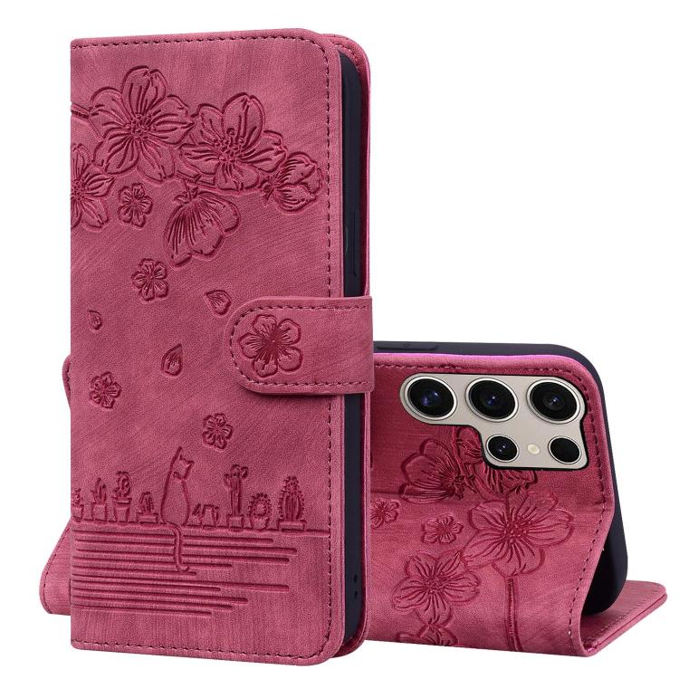 

For Samsung Galaxy S25 Ultra 5G Cartoon Sakura Cat Embossed Leather Phone Case(Wine Red)