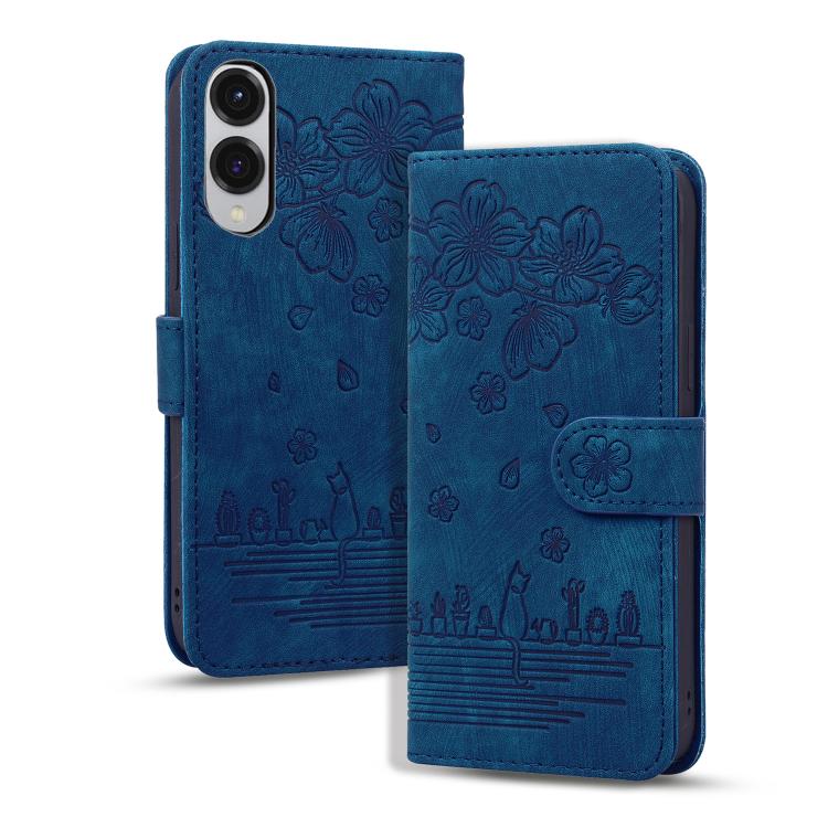 

For Samsung Galaxy S25 Edge 5G Cartoon Sakura Cat Embossed Leather Phone Case(Royal Blue)