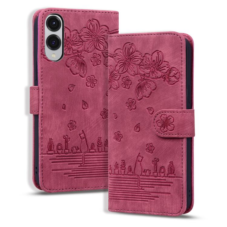 

For Samsung Galaxy S25 Edge 5G Cartoon Sakura Cat Embossed Leather Phone Case(Wine Red)