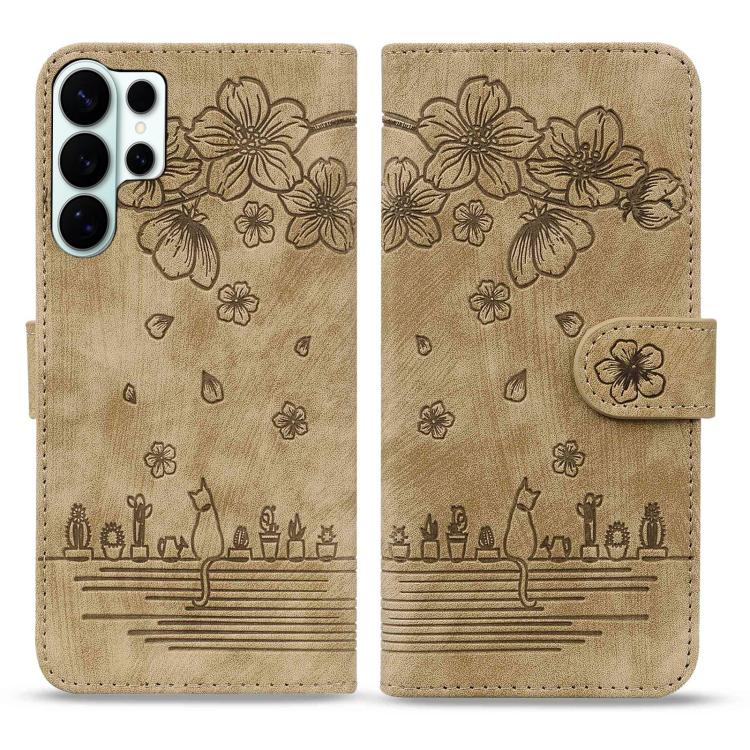 

For Samsung Galaxy S26 Ultra 5G Cartoon Sakura Cat Embossed Leather Phone Case(Brown)