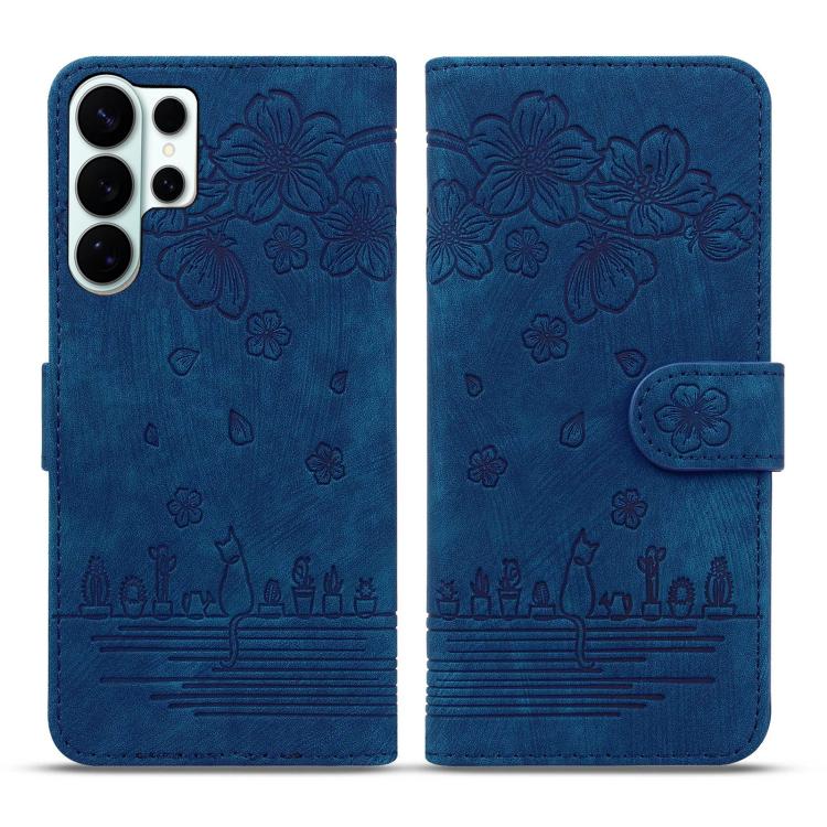 

For Samsung Galaxy S26 Ultra 5G Cartoon Sakura Cat Embossed Leather Phone Case(Royal Blue)
