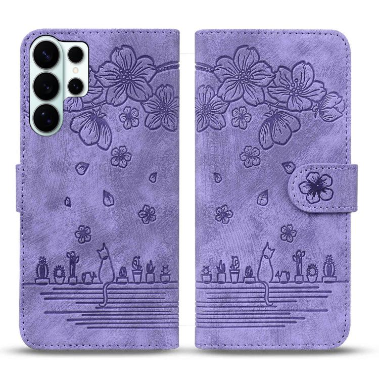 

For Samsung Galaxy S26 Ultra 5G Cartoon Sakura Cat Embossed Leather Phone Case(Purple)