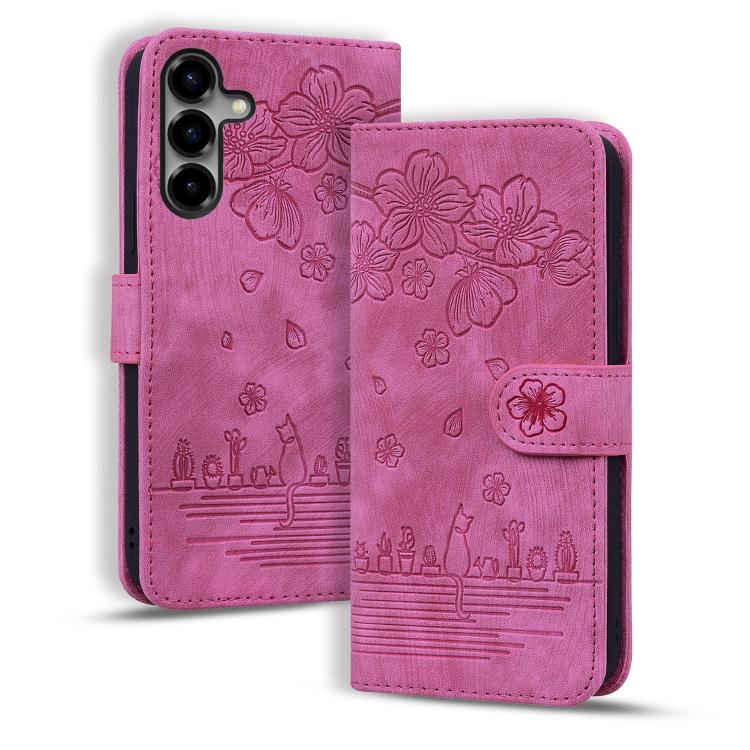 

For Samsung Galaxy S26 5G Cartoon Sakura Cat Embossed Leather Phone Case(Rose Red)
