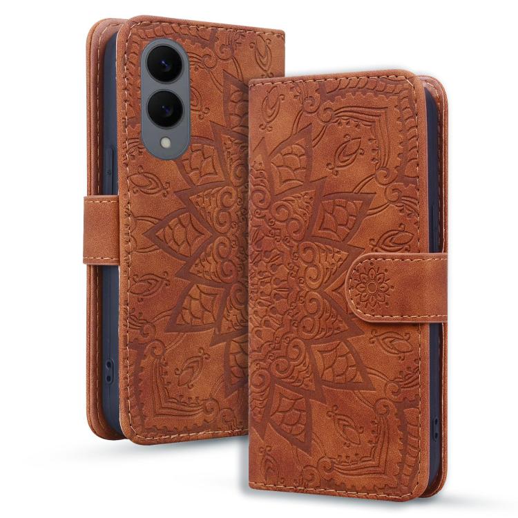 

For Samsung Galaxy S25 Edge 5G Mandala Embossed Dual-Fold Calf Leather Phone Case(Brown)