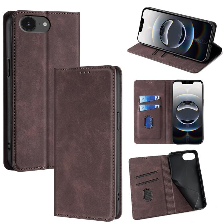 

For iPhone 16e Skin Feel Magnetic Leather Phone Case(Dark Brown)