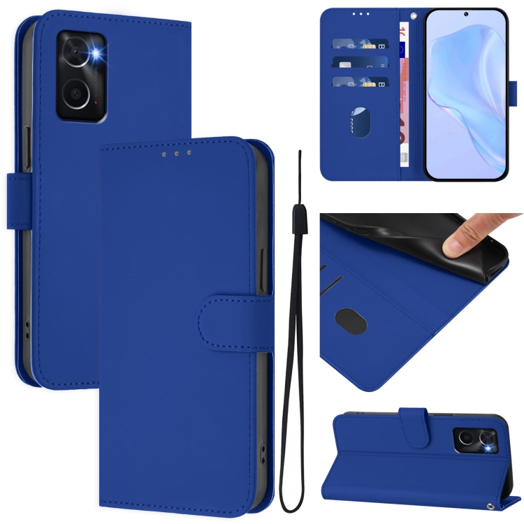 For OPPO A36 4G / A76 4G / A96 4G Skin Feel Solid Color Leather Phone Case with Lanyard(Dark Blue)