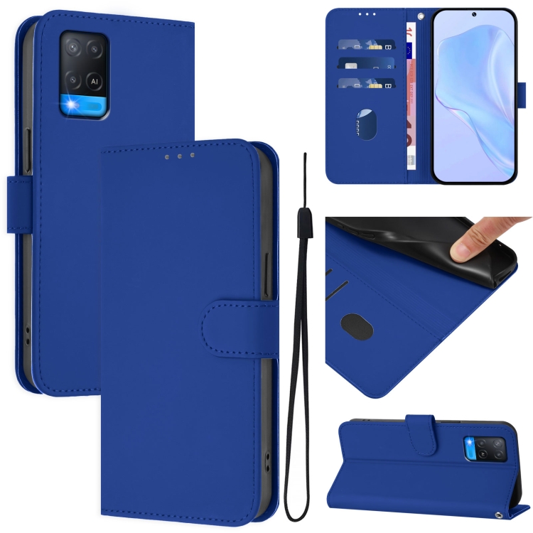 For OPPO A54 4G / A54s / A55 5G Skin Feel Solid Color Leather Phone Case with Lanyard(Dark Blue)