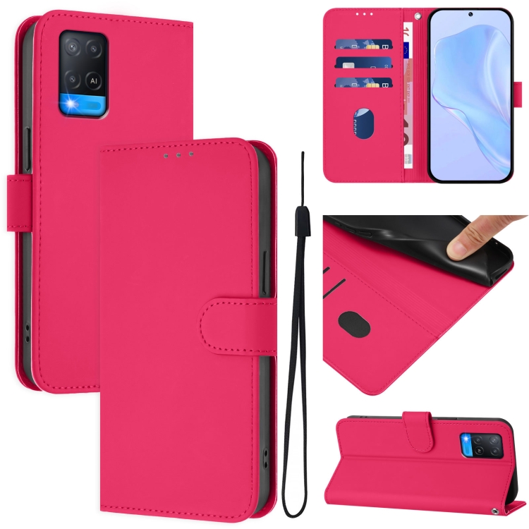 

For OPPO A54 4G / A54s / A55 5G Skin Feel Solid Color Leather Phone Case with Lanyard(Rose Red)