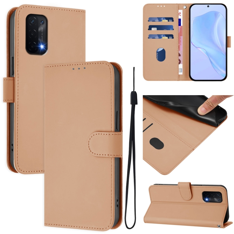 

For OPPO A54 5G / A74 5G Skin Feel Solid Color Leather Phone Case with Lanyard(Nude)