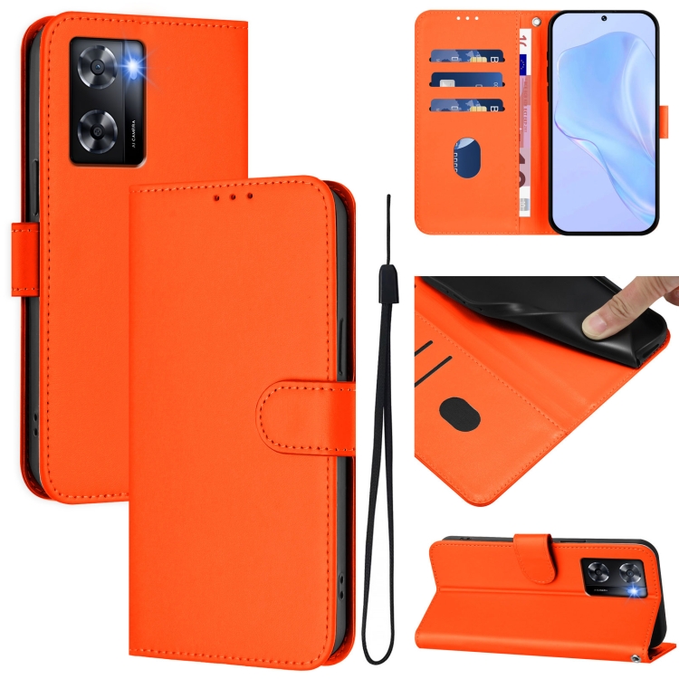 

For OPPO A57 4G Global Skin Feel Solid Color Leather Phone Case with Lanyard(Orange)