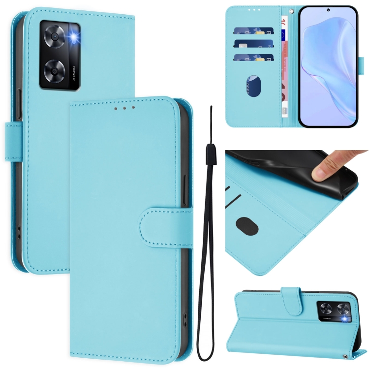 

For OPPO A57 4G Global Skin Feel Solid Color Leather Phone Case with Lanyard(Sky Blue)