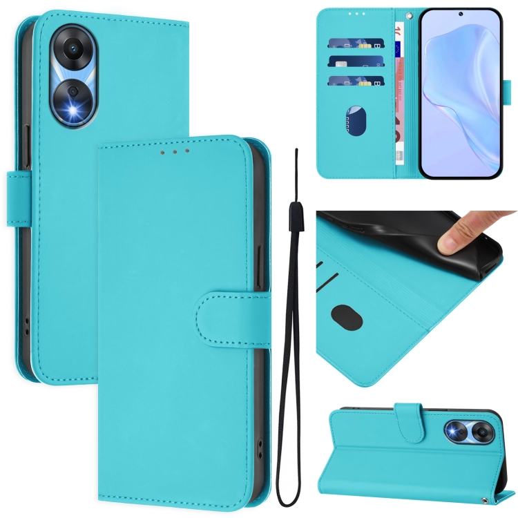 

For OPPO A78 5G Global Skin Feel Solid Color Leather Phone Case with Lanyard(Lake Blue)
