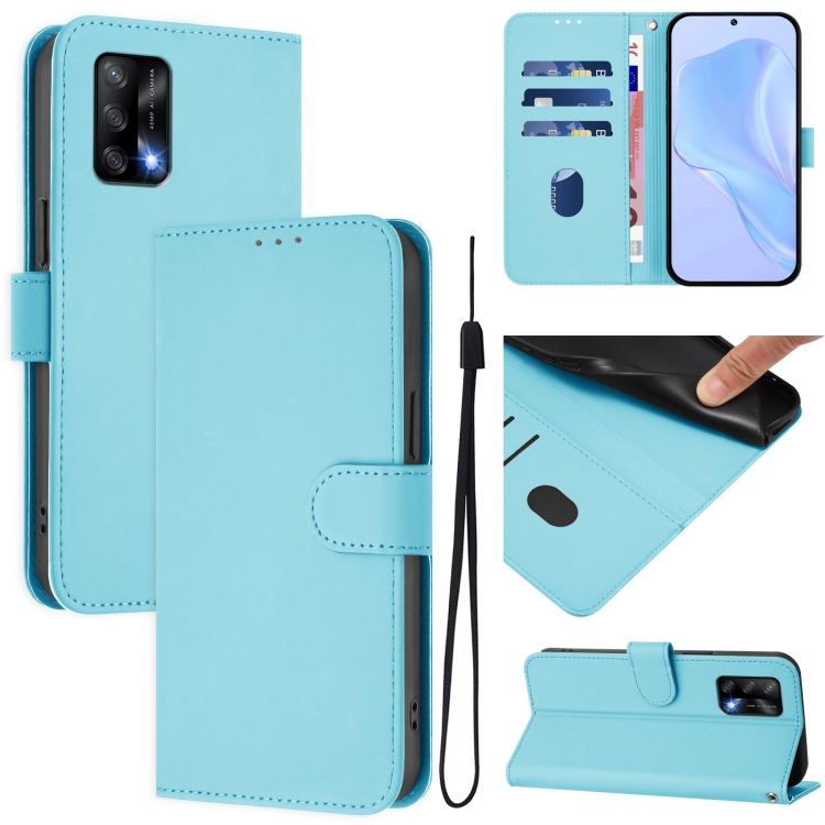 

For OPPO A74 4G / F19 / F19s Skin Feel Solid Color Leather Phone Case with Lanyard(Sky Blue)