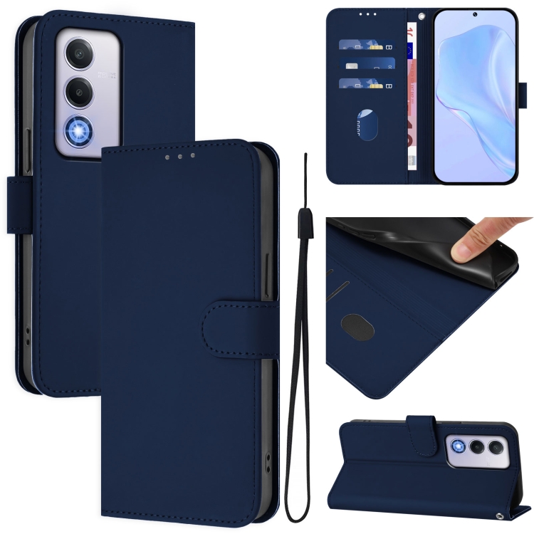 

For OPPO A80 5G EU Skin Feel Solid Color Leather Phone Case with Lanyard(Navy Blue)