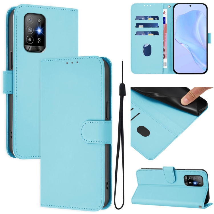

For OPPO A94 5G Global Skin Feel Solid Color Leather Phone Case with Lanyard(Sky Blue)