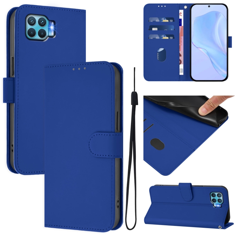 

For OPPO F17 Pro Skin Feel Solid Color Leather Phone Case with Lanyard(Dark Blue)