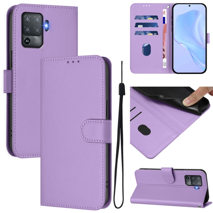 

For OPPO F19 Pro / Reno5 F Skin Feel Solid Color Leather Phone Case with Lanyard(Lavender Purple)