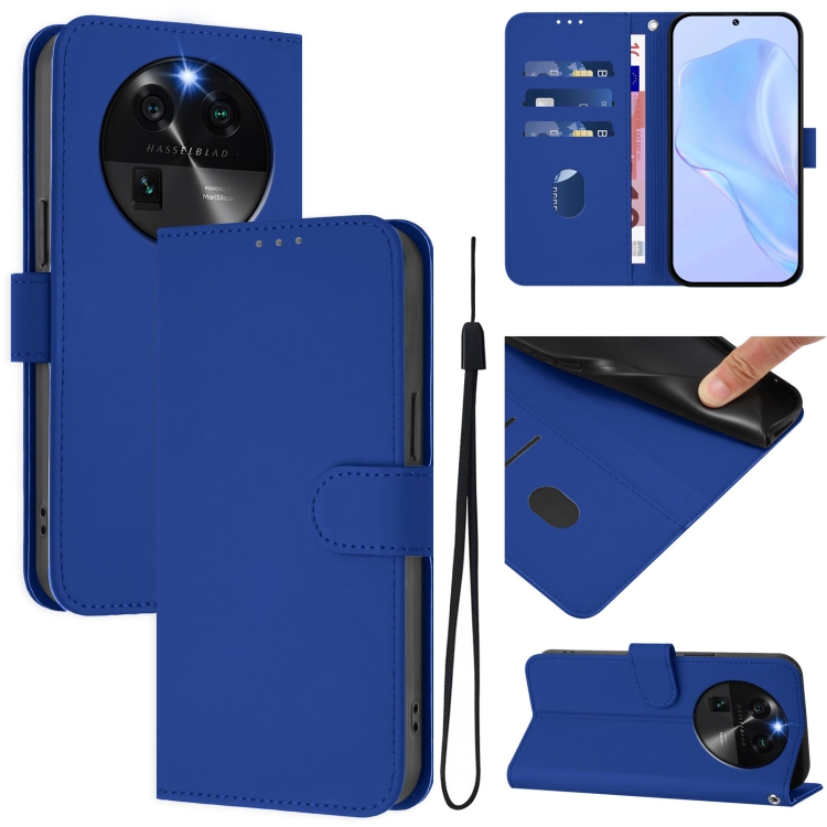 

For OPPO Find X6 Skin Feel Solid Color Leather Phone Case with Lanyard(Dark Blue)