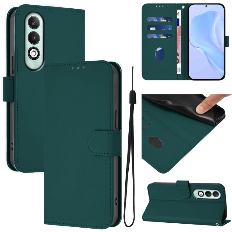 

For OPPO K12x 5G Global Skin Feel Solid Color Leather Phone Case with Lanyard(Dark Green)