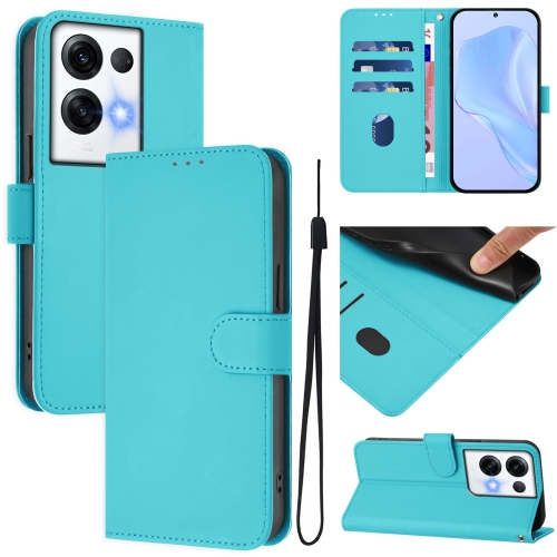 

For OPPO Reno8 Pro 5G Global Skin Feel Solid Color Leather Phone Case with Lanyard(Lake Blue)